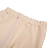 Winter Khaki Puff Sleeve Zipped Crop Top and Matching Pants 2PC Set