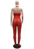 Autumn Red Sexy Sequin Halter Crop Top and Pants 2PC Club Set