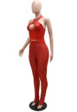 Autumn Red Sexy Sequin Halter Crop Top and Pants 2PC Club Set