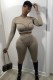 Autumn Party Sexy Khaki Fitted Crop Top and Pants 2PC Set