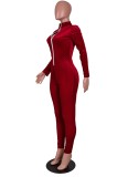 Winter Red Ribbed Zip Up Fitting Bodycon Jumpsuit