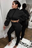 Winter Black Puff Sleeve Zipped Crop Top and Matching Pants 2PC Set