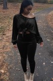Winter Casual Velour Black Top and Pants 2PC Set