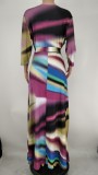 Autumn Plus Size Print Colorful Wrap Long Maxi Dress with Matching Belt
