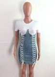 Autumn White and Blue Patch Lace-Up Denim Jeans Bodycon Dress
