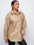 Winter Khaki Leather Button Up Long Jacket with Pockets