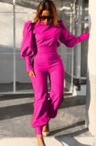 Herfst Formele Rose Puff Sleeve Top en bijpassende broek 2PC Suit