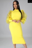 Autumn Formal Yellow Puff Sleeve Elegant Midi Dress