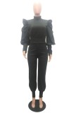 Autumn Formal Black Puff Sleeve Top and Matching Pants 2PC Suit