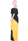 Summer Turndown Off Shoulder Contrast Color Irregular Pleated Long Maxi Dress