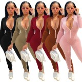 Winter Pink Ribbed Zip Up Fitting Bodycon Jumpsuit