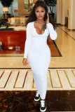 Autumn White Ribbed Sexy Long Bodycon Dress with Full Sleeves