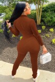 Winter Brown Ribbed Zip Up Fitting Bodycon Jumpsuit