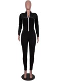 Winter Black Ribbed Zip Up Fitting Bodycon Jumpsuit