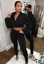 Winter Black Puff Sleeve Zipped Crop Top and Matching Pants 2PC Set