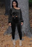 Winter Casual Velour Black Top and Pants 2PC Set