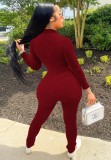 Winter Red Ribbed Zip Up Fitting Bodycon Jumpsuit