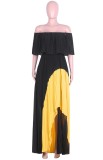 Summer Turndown Off Shoulder Contrast Color Irregular Pleated Long Maxi Dress