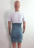 Autumn White and Blue Patch Lace-Up Denim Jeans Bodycon Dress