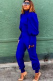 Autumn Formal Blue Puff Sleeve Top and Matching Pants 2PC Suit