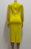 Autumn Formal Yellow Puff Sleeve Elegant Midi Dress