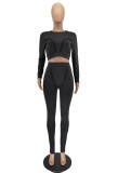 Autumn Party Sexy Black Fitted Crop Top and Pants 2PC Set