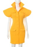 Winter Yellow Wide Shoulder Button Up Mini Dress with Pockets