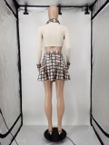 Fall Plaid Collar Khaki Zipper Long Sleeve Crop Top And Mini Plaid Pleat Skirt