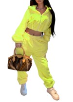 Winter Casual Yellow Hoody Crop Top und Hose passendes 2PC Set