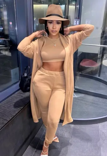 Autumn Khaki 3PC Top and Pants, Coat Matching Set