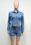 Autumn Long Sleeve Denim Cropped Top and Shorts Set