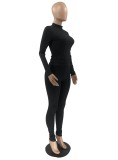 Winter Casual Black Basic Ribbed Fitting Top and Pants Set