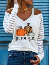 Pumpkin Print Cut Out Shoulder V-Neck Halloween Shirt