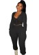 Winter Black Casual Patch V-Neck Cropped Top and Pants 2 Piece Set