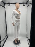Winter White Casual Patch V-Neck Cropped Top and Pants 2 Piece Set