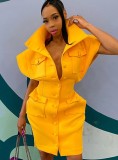 Winter Yellow Wide Shoulder Button Up Mini Dress with Pockets