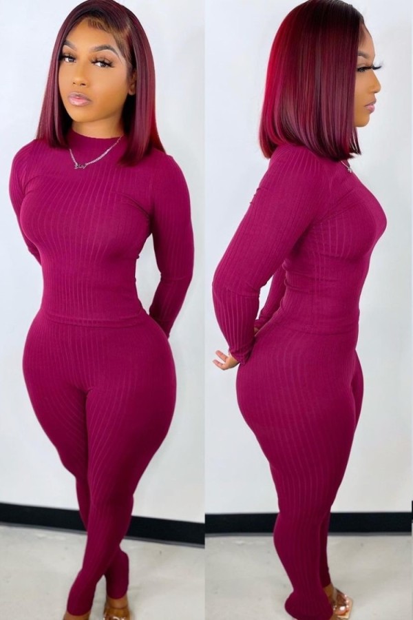 Winter Casual Purple Basic Ribbed Fitting Top and Pants Set