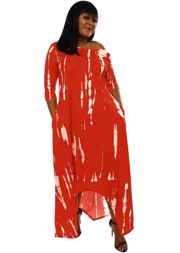 Autumn Casual Print Red Irregular Long Dress