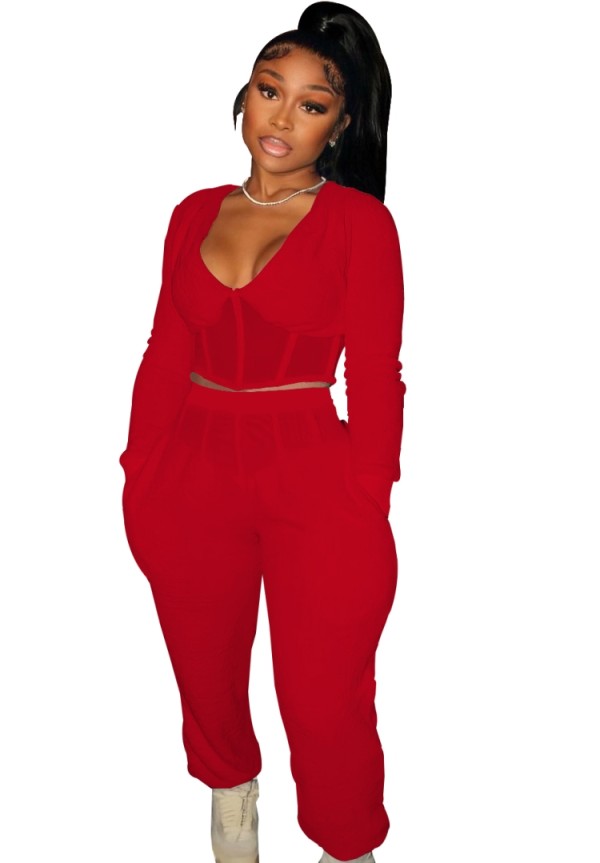 Winter Red Casual Patch V-Neck Cropped Top and Pants 2 Piece Set