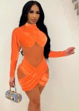 Autumn Party Sexy Orange Mesh Patch Velour Mini Bodycon Dress
