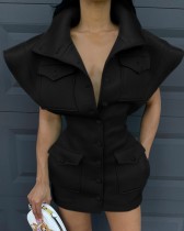 Winter Black Wide Shoulder Button Up Mini Dress with Pockets
