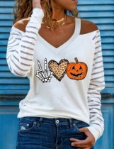 Pumpkin Skull Print Cut Out Shoulder V-Neck Halloween Shirt