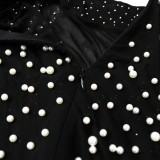 Autumn Formal Black Beaded Short Sleeves Slit Evening Dress
