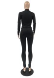 Winter Casual Black Basic Ribbed Fitting Top and Pants Set