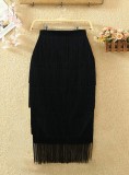 Autumn Formal Black High Waist Fringe Pencil Skirt