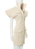Winter Khaki Wide Shoulder Button Up Mini Dress with Pockets