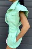 Winter Green Wide Shoulder Button Up Mini Dress with Pockets