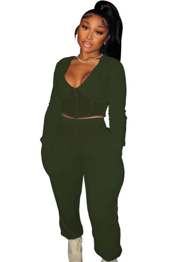 Winter Green Casual Patch V-Neck Cropped Top and Pants 2 Piece Set
