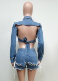Autumn Long Sleeve Denim Cropped Top and Shorts Set