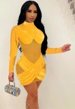 Autumn Party Sexy Yellow Mesh Patch Velour Mini Bodycon Dress